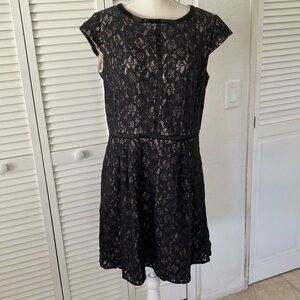 R&K Black lace over nude lining dress size M cap sleeves a-line skirt round neck